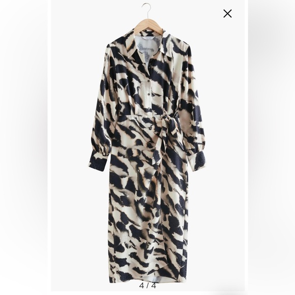 & Other Stories Black Cream Printed Shirt Long Sleeve Tie Midi Dress Size 6 - Picture 4 of 10